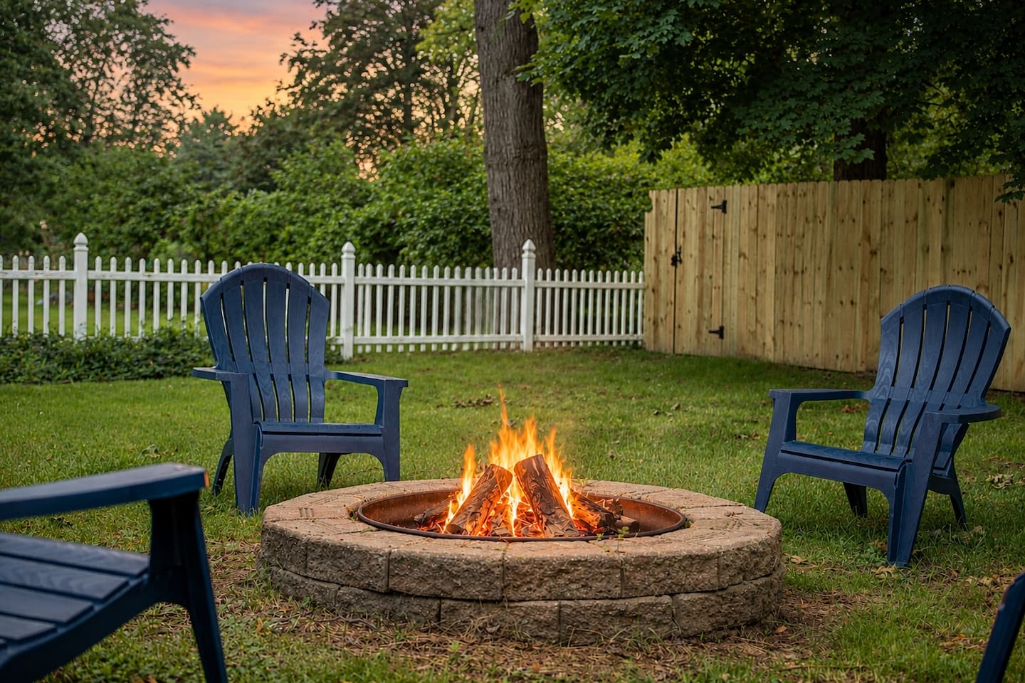 Backyard wood-brick fire pit surrounded by Adirondack chairs